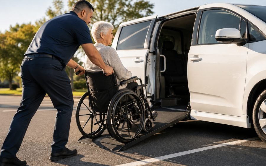 A driver guiding a passenger in a wheelchair up the van's ramp.
