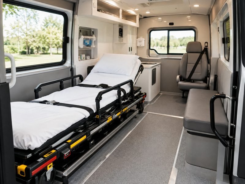 A clean, made-up stretcher secured inside a non-emergency medical transport van.