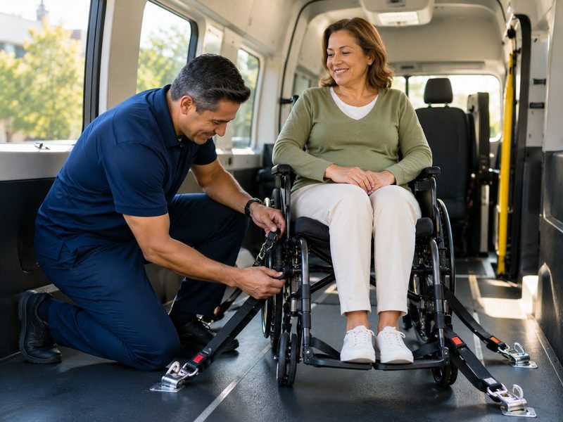 A driver securing a passenger's wheelchair with floor straps inside an accessible van.